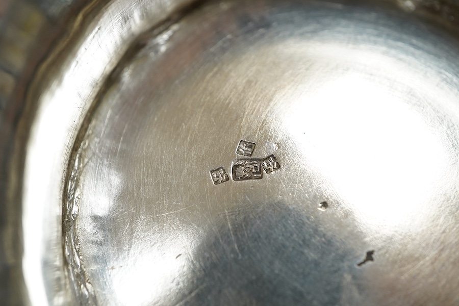 A late 19th/early 20th century Chinese white metal pedestal bowl, decorated with birds and foliage, diameter 15.2cm, 9.5oz. Condition - fair to good.